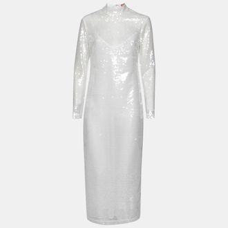Staud Staud White Sequin Embellished Long Sleeve Midi Dress