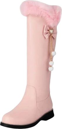 Generic Womens Knee High Boots Round Toe Low Block Heel Slip On With Butterfly-Knot Accent For Dating And Parties