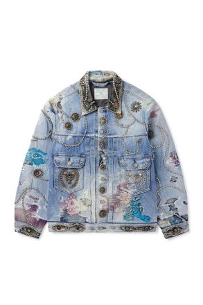 Proleta Re Art Distressed Embellished Patchwork Leather-Trimmed Denim Trucker Jacket