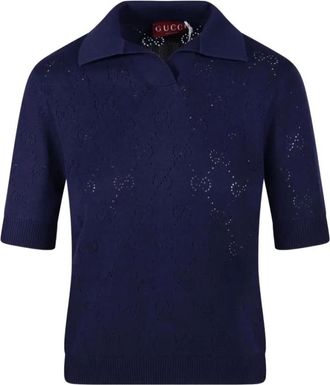 Gucci Tops, Dames, Blauw, M, Katoen, GG Pointelle Katoen Zijde Polo Shirt