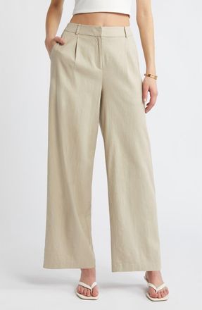 Open Edit Wide Leg Linen Blend Pants in Tan Oxford at Nordstrom, Size 14