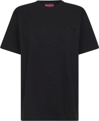 Gucci T-Shirts, female, Black, Size: XS Cotton Jersey T-Shirt With Embroidery