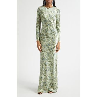 Veronica Beard Gemma Paisley Floral Long Sleeve Satin Maxi Dress in Light Pistachio Multi at Nordstrom, Size 00