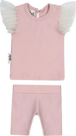Maniere Glitter Mesh Top & Shorts Set in Mauve at Nordstrom, Size 4
