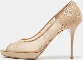 Jimmy Choo London Beige Lace And Patent Leather Luna Peep Toe Pumps