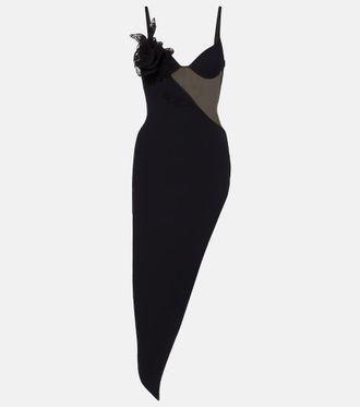 DAVID KOMA Vestido midi asim&eacute;trico con aplique floral