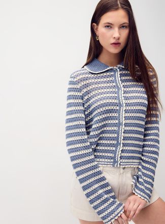 Twik Womens Striped crocheted Cardigan Sweater