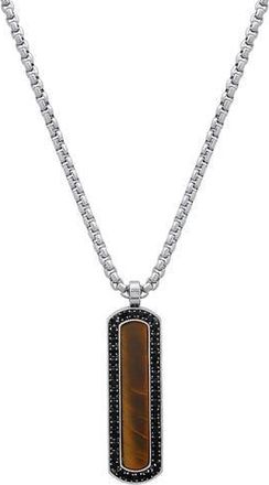 HMY Jewelry Mens Stainless Steel Tigers Eye & Crystal Dog Tag Pendant Necklace in Brown/Black/Silver at Nordstrom Rack