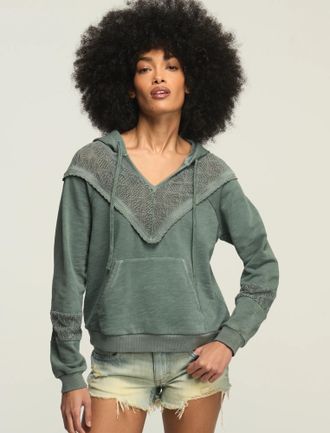 Lucky Brand Womens Crochet Yoke Fleece Hoodie