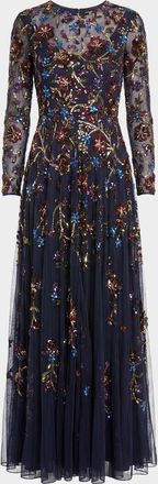 Mac Duggal Floral Beaded Mesh A-Line Gown