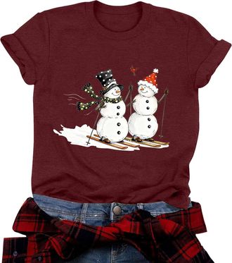 Generic Christmas T Shirt for Women Short Sleeve Funny Santa Claus Print T Shirt Christmas Womens Merry Xmas Crew Neck Snowflake Print Xmas Blouse Casual Eleg