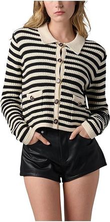 Blank NYC Anchor Down Sweater Jacket Womens Sweater Beige/Black : XS, Acrylic/Cotton