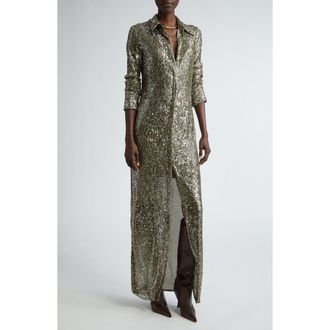 St. John Sequin Embroidered Long Sleeve Shirtdress in Olive at Nordstrom, Size X-Small