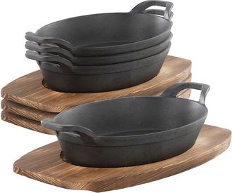 MegaChef 4Pc Mini Cast Iron Oval Pan With Wood Trivet Set
