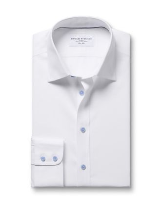 CHARLES TYRWHITT Non-Iron Twill With Contrast Buttons Cotton Formal Shirt - White Single Cuff Size 14.5/32 by Charles Tyrwhitt
