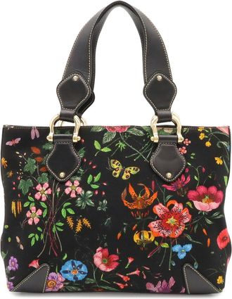 Gucci Flora Black Multi-Color Canvas Leather Handbag Tote Bag (Pre-Owned)