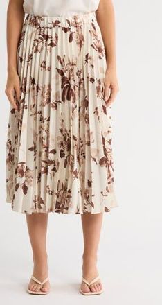 T Tahari Knife Pleated Pull-On Midi Skirt in Ivory/Brown Print at Nordstrom Rack, Size X-Large