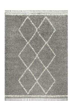 Jonathan Y Designs Mercer Shag Plush Tassel Moroccan Geometric Trellis Denim Area Rug in Gray/cream at Nordstrom, Size 2Ft 0In X 8Ft 0In