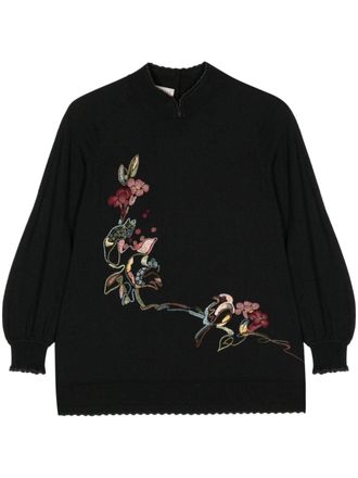Shiatzy Chen floral-embroidered split-neck jumper - Black