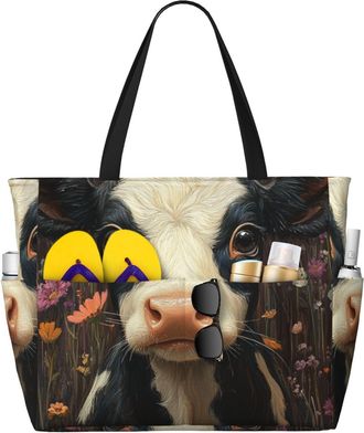 Generic Cow Butterfly Print Large Beach Bag Foldable Travel Shoulder Tote Bag With Pocket For Weekender Pool Vacation