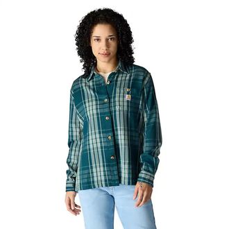 Carhartt Work in Progress Tencel Fiber Series Shirt Women Green Plaid Flannel Button-Up JAX1726