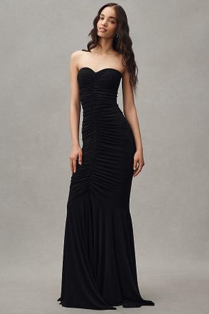 Norma Kamali Strapless Sweetheart Shirred Front Fishtail Maxi Dress