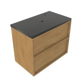 Saniclass Holz Frame Badkamermeubelset - 80x45x63cm - Noche basalten wastafelblad gepolijst (zwart) - 1 kraangat - 2 lades - mat eiken natural (hout)