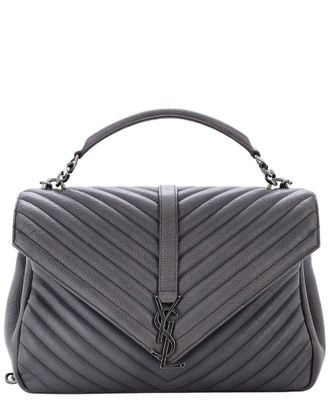 Saint Laurent Grey Matelasse Chevron Leather Classic Monogram College Bag Large (Authentic Pre-Loved)