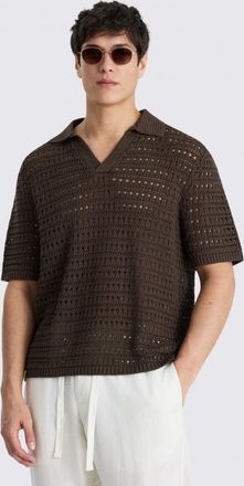 Moss Brown Oversized Open-Knit Skipper Polo Shirt
