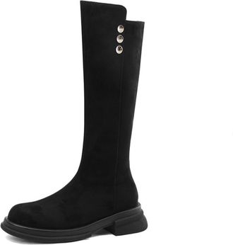 Generic Womens Suede Knee-High Boots Round Toe Metal Button Detail Thick Platform Sole Side Zipper Stretch Upper Soft Lining Cushioned Insole Durable Outsole,