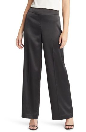 Anne Klein High Waist Wide Leg Satin Pants in Anne Black at Nordstrom, Size 14
