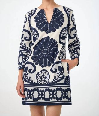 Trina Turk Clip Jacquard 3/4 Sleeve Dress In Blue & White