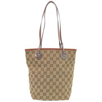Gucci Gg Canvas Beige Gg Canvas Leather Tote Bag (Pre-Owned)