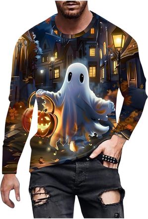 Generic Long Sleeve T Shirts for Men UK Crew Neck Halloween Tshirts Ghost Graphic Tee Shirts Funny Tops Casual Novelty Tops & T-Shirts Loose Fit Comfortable L