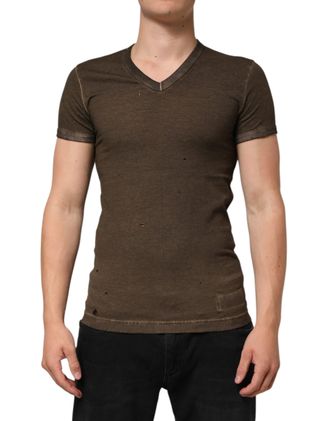 Dolce & Gabbana Dark Brown Cotton Tattered Logo Men Mens T-shirt