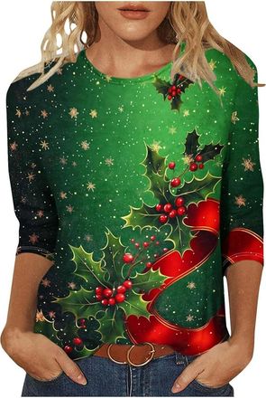 Generic Christmas Tops Ladies - Women Christmas Tree Print Xmas T-Shirts Plus Size Novelty Funny 3/4 Sleeve Elf Santa Print Reindeer Graphic Blouse Ugly Tee S