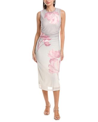 Anne Klein Sleeveless Ruched Printed Mesh Midi Dress