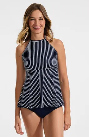 Lands End Flutter High Neck Halter Tankini Top in Navy/egret White Stripe at Nordstrom, Size X-Large