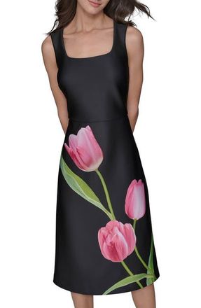 Karl Lagerfeld Flower Print Midi Dress in Black Pink Sherbet Combo at Nordstrom, Size 12