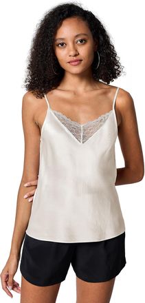 LilySilk X MIM 22 Momme Charmeuse Silk Lace Camisole V-Neck with Lace Tank Tops for Ladies Natural White,L