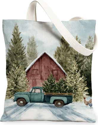 Generic Winter Canvas Tote Bags, Truck Tree Pattern Reusable Grocery Bags, Vintage Nature Lightweight Washable Shoulder Strap, Green, 13x15 Inch