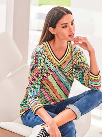 Heine 3/4-Arm-Shirt HEINE Druck-Shirt, Damen, Gr. 34, gr&uuml;n (smaragd, pink, gemustert), 95% Polyester, 5% Elasthan, bedruckt, gemustert, mehrfarbig, V-Aussch