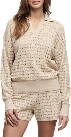 Barefoot Dreams Heathered Cotton Tulip Pointelle Collared Pullover in Stone at Nordstrom, Size X-Small