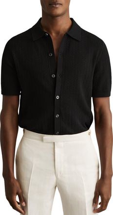 Reiss Thames Pointelle Knit Short Sleeve Button-Up Shirt in Black at Nordstrom, Size Xx-Large