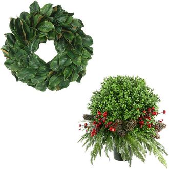 Creative Displays Inc. Classic Holiday Set With 24In Christmas Magnolia Wreath & Uv-Rated Boxwood Drop-In