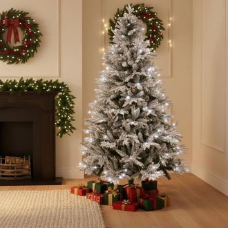 Shatchi Pre-Lit Snow Flocked Christmas Tree with Cool White Lights in Green | Size: 6ft