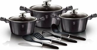 Berlinger Haus Berlinger Haus - Carbon Pro Bater&iacute;a Cocina Inducci&oacute;n 10 Piezas, Antiadherente M&aacute;rmol Sin Pfoa, Aluminio, 3 Cazuelas Tapas Gris Oscuro