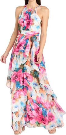 R & M Richards Floral High Neck Special Occasion Dress In Fuschia