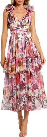 Mac Duggal Ruffle Tiered Cut-Out Floral Chiffon Dress in White Multi at Nordstrom, Size 10