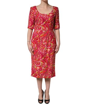 Dolce & Gabbana Womens Red Paisley Floral Print Sheath Midi Dress Silk Elastane
